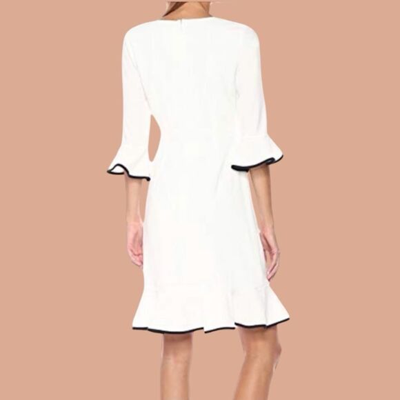 NANETTE LEPORE White BELLA DONNA Dress 4 Bell Sleeves Flounce Contrast Edge NWT - Picture 2 of 14